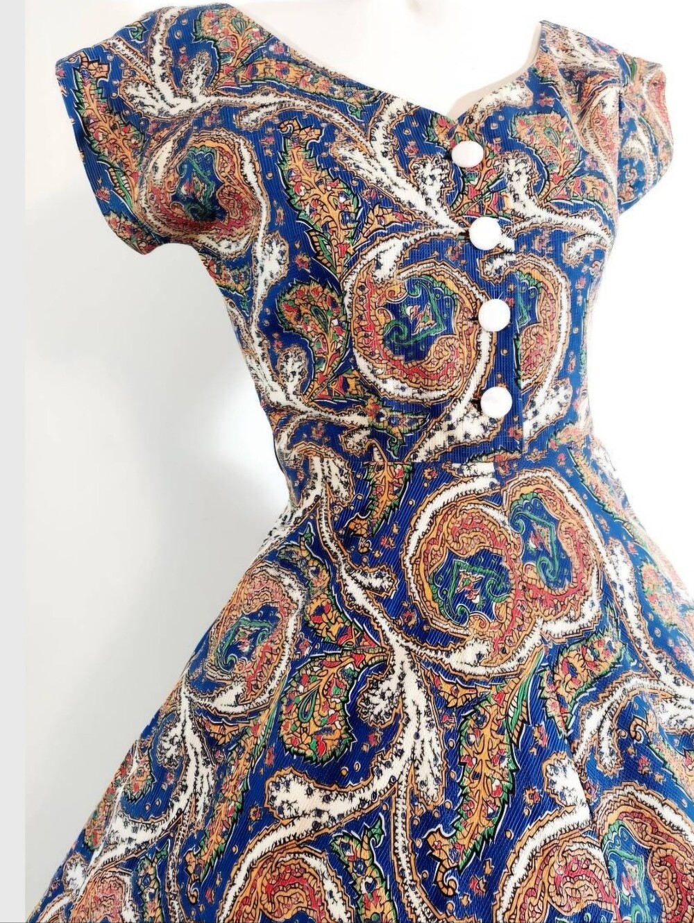 Vintage 50s paisley print waffle texture cotton dress Tea Length Full Skirt